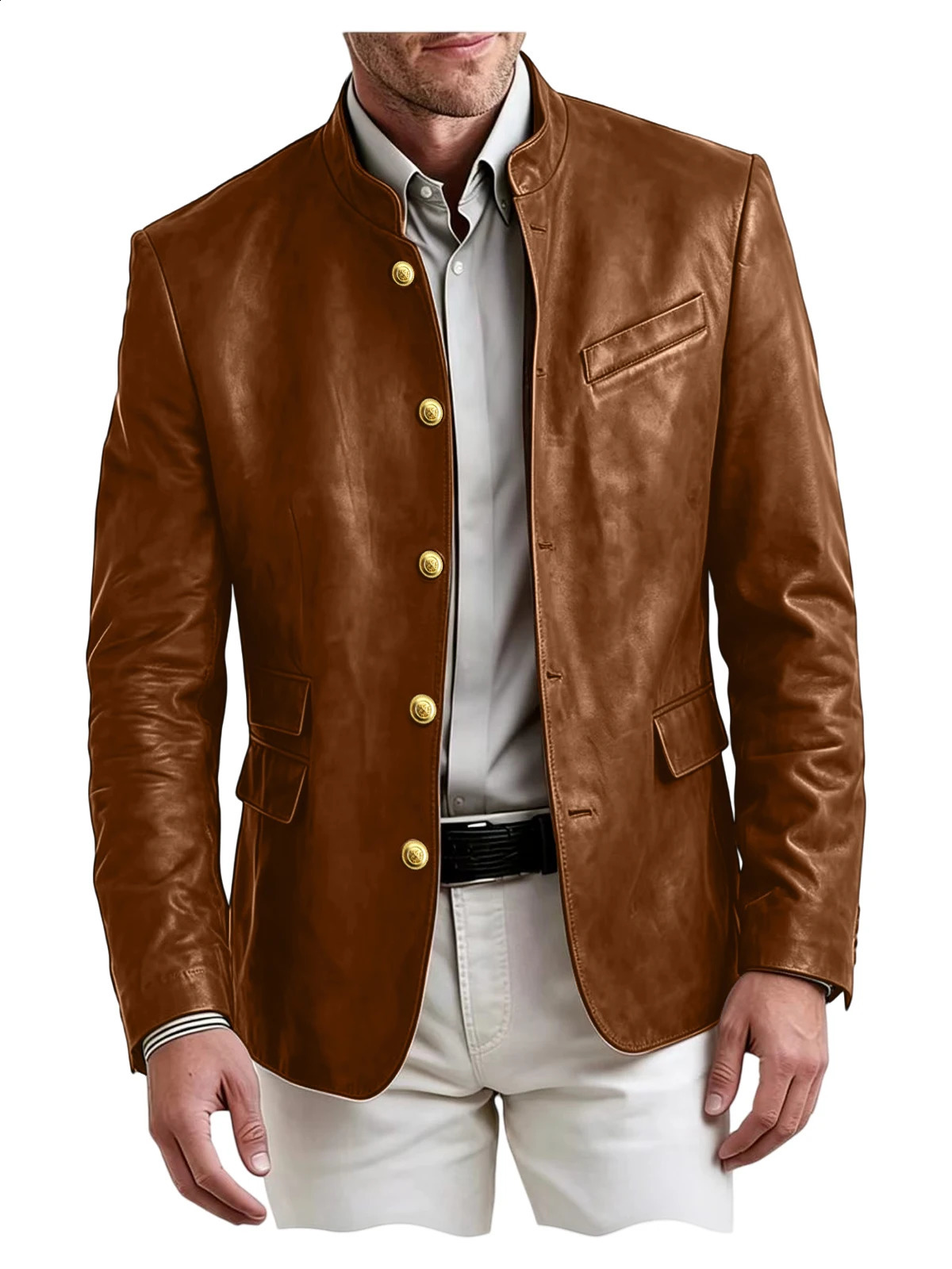 Men's Vintage PU Leather Stand Collar Blazer Gold Button Casual Business Jacket With Flap Pockets For Daily Wear Office 260917