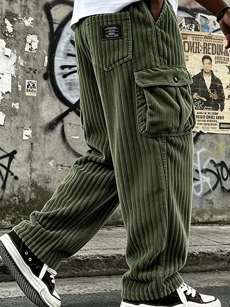 Cargo Pants for Men Retro Style Men's Corduroy Cargo Pants with Multiple Pockets Mid-rise Solid Color Trousers for Wear Long 260917