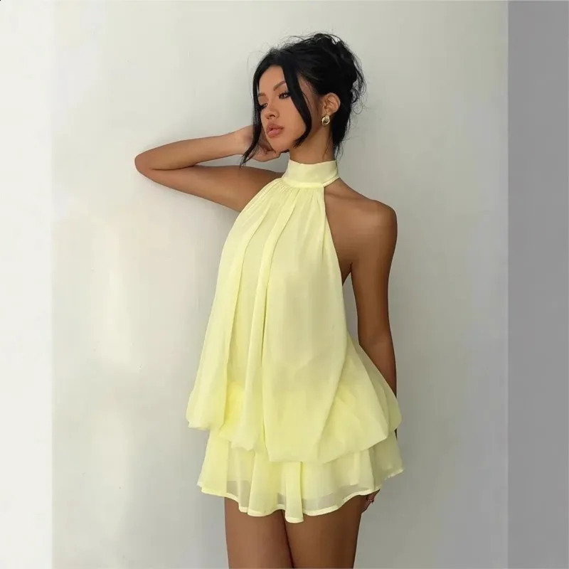 Women's Hang Neck Backless Lace Up Ruffle Short Dress Summer Fashion Sexy Club Party Beach Vacation Chiffon Sheer Solid Dresses 260917