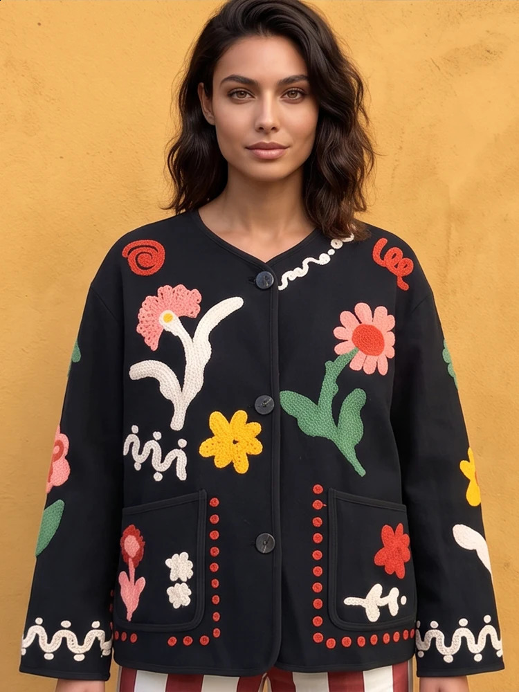 Boho Flower Cardigan Women Jacket Ladies Colorful O Neck Patch Pockets Digital Printing Loose Coats Daily Commute Outwear 2026 260917