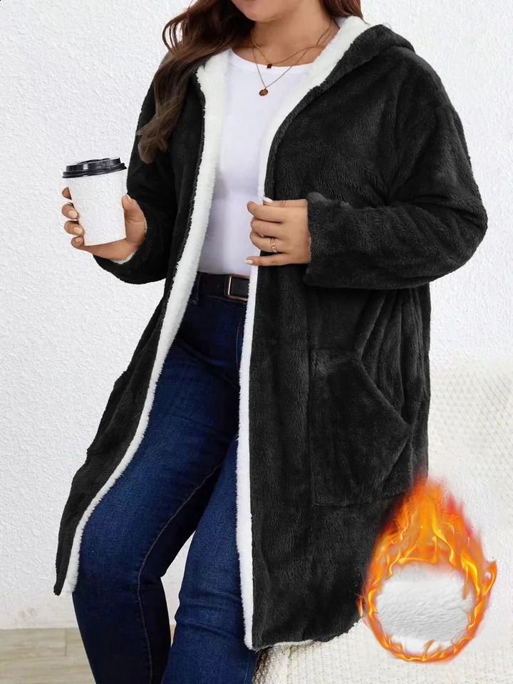 Women Fuzzy Fleece Lined Hooded Long Open Cardigan Warm Sherpa Trim Mid Length Coat With Side Pockets Loose Winter Outerwear 260917