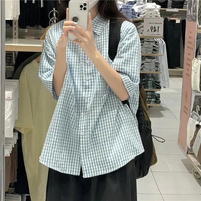 Plaid Shirts for Women Youthful Commuting Fresh Pocket Summer Autumn Short Sleeve Tops Tender Hipster Vintage American Style 260917