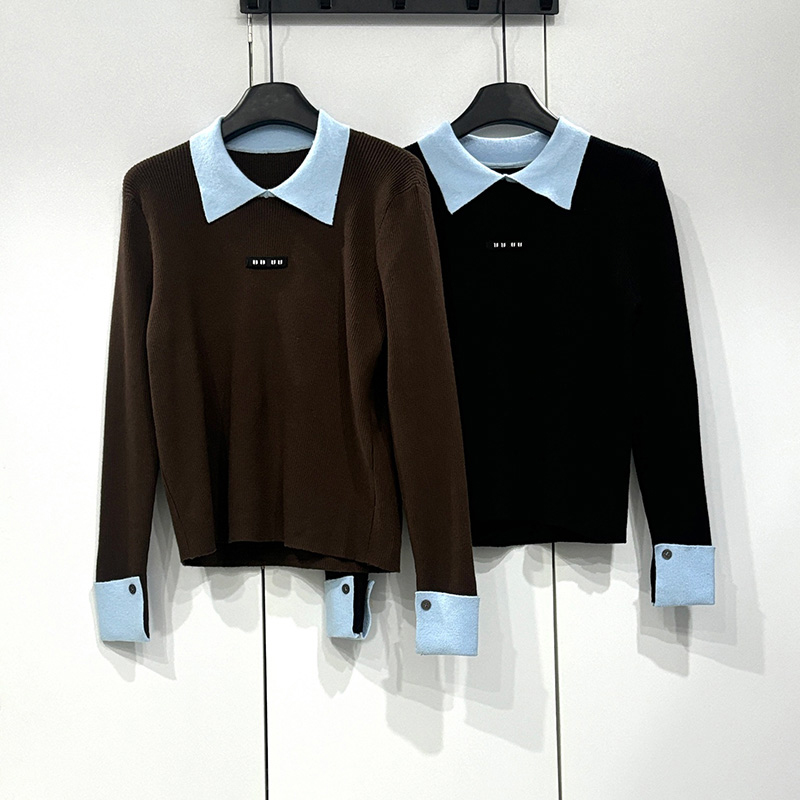 Women Two Fake Knitted Sweaters Luxury Long Sleeved Polo Shirt Knitwear Spring Autumn Casual Versatile Base Shirt