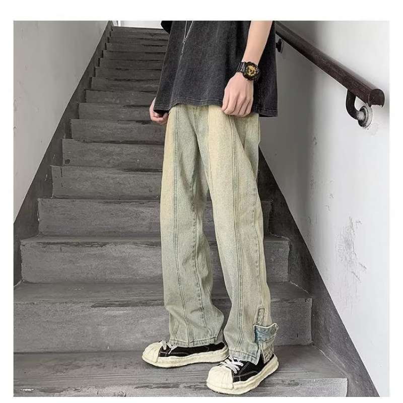 Designer American street hip-hop style zip-up jeans, men's trendy design, loose and casual fit, unique and stylish wide-leg