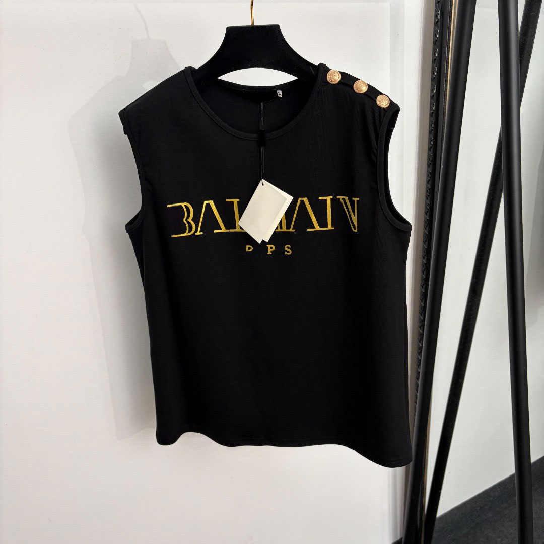 2026 Designers Women's Shirt Letter Shirt T-shirt with shoulder buttons, gold lettering printed vest, white black ladies Tops Designers Luxurys