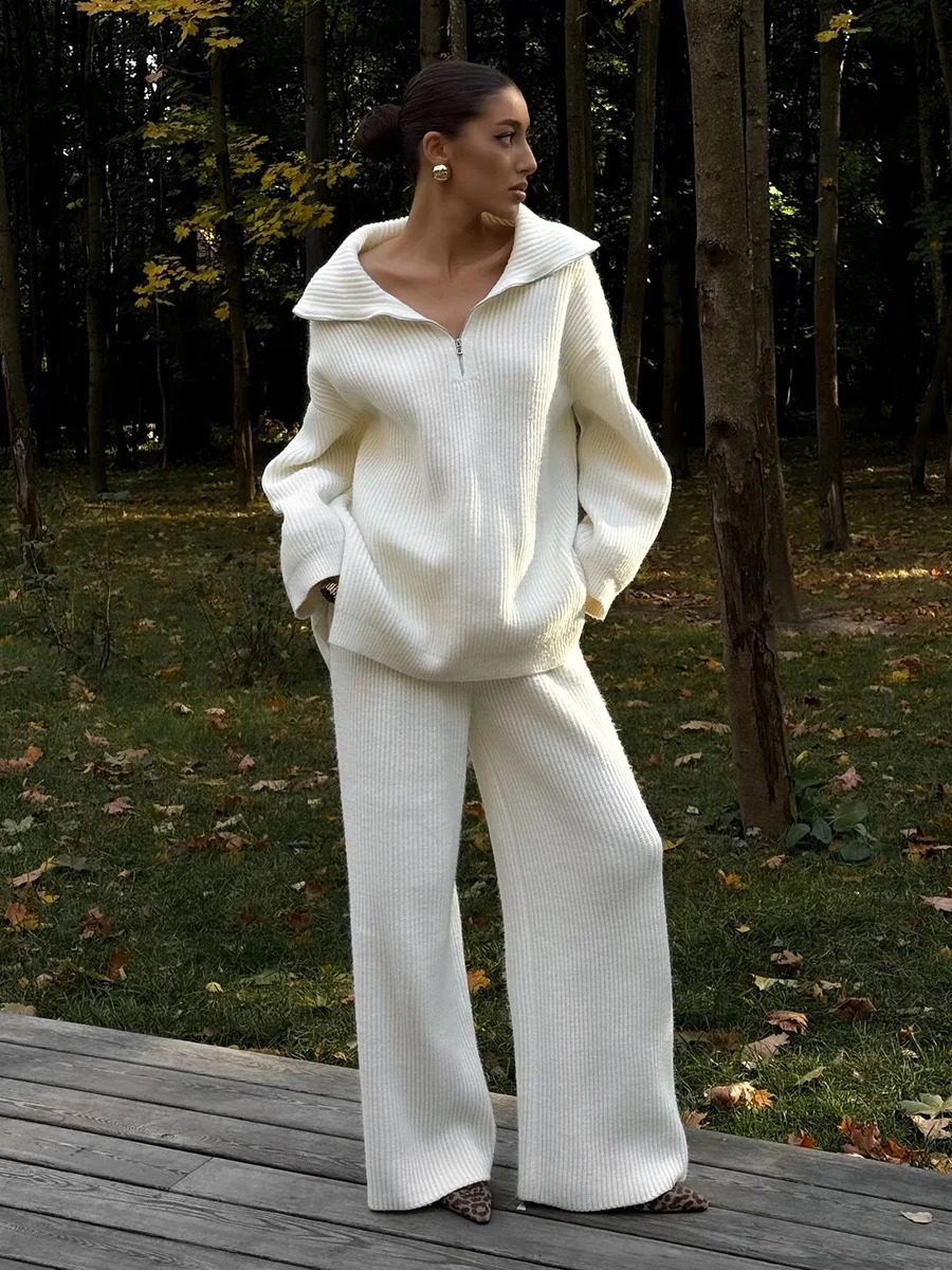 Wolfeel Women's Autumn Winter Collared Half Zip Ribbed Knit 2-Piece Set Oversized Wide Leg Pants Fashion Sweater Suit 260917