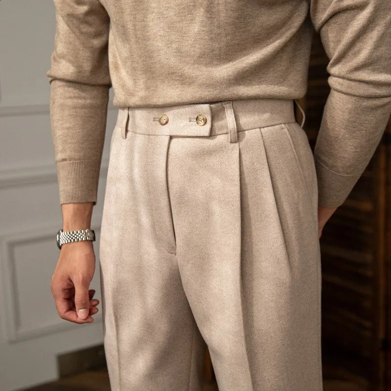 Mens y Naples Slimfit High Waist Dress Pants Fashion Solid Color British Retro Premium Elegant Woolen Leisure Trousers 260917