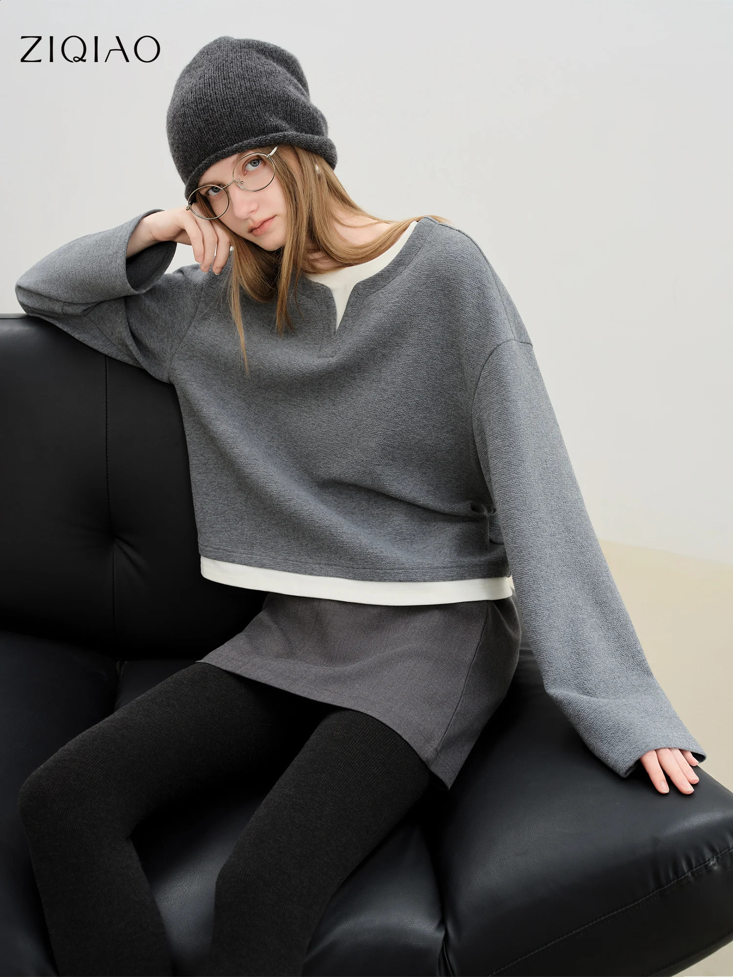ZIQIAO Womens Petite Casual Faux Patchwork Layered Hooded Sweater Autumn Winter Arrival Oversized Fit Grey Hoodies 260917