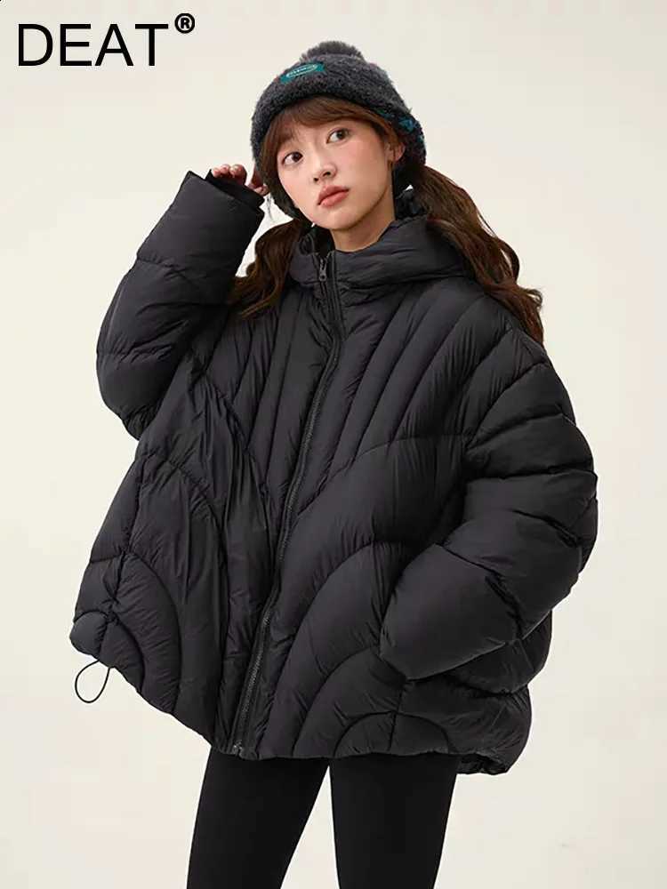 DEAT Fashion Camel Grey Cotton-padded Coat Women's Hooded Loose Zipper Long Sleeves Quilted Jacket Winter New H260917