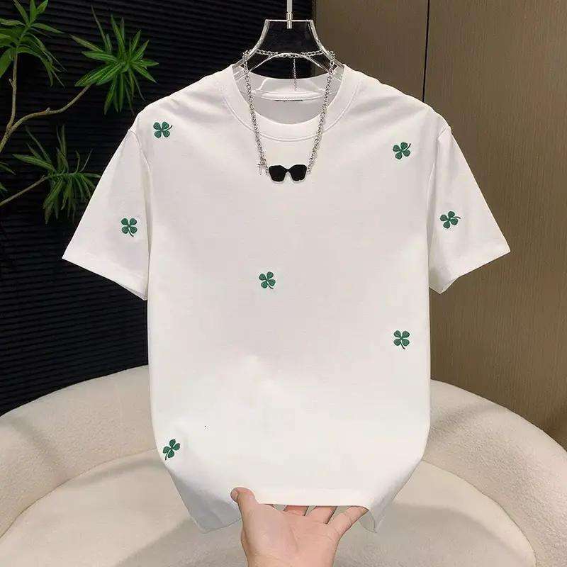 Designer Summer American-style lucky four-leaf clover embroidered fashion high-end design trendy cool versatile men's T-shirt