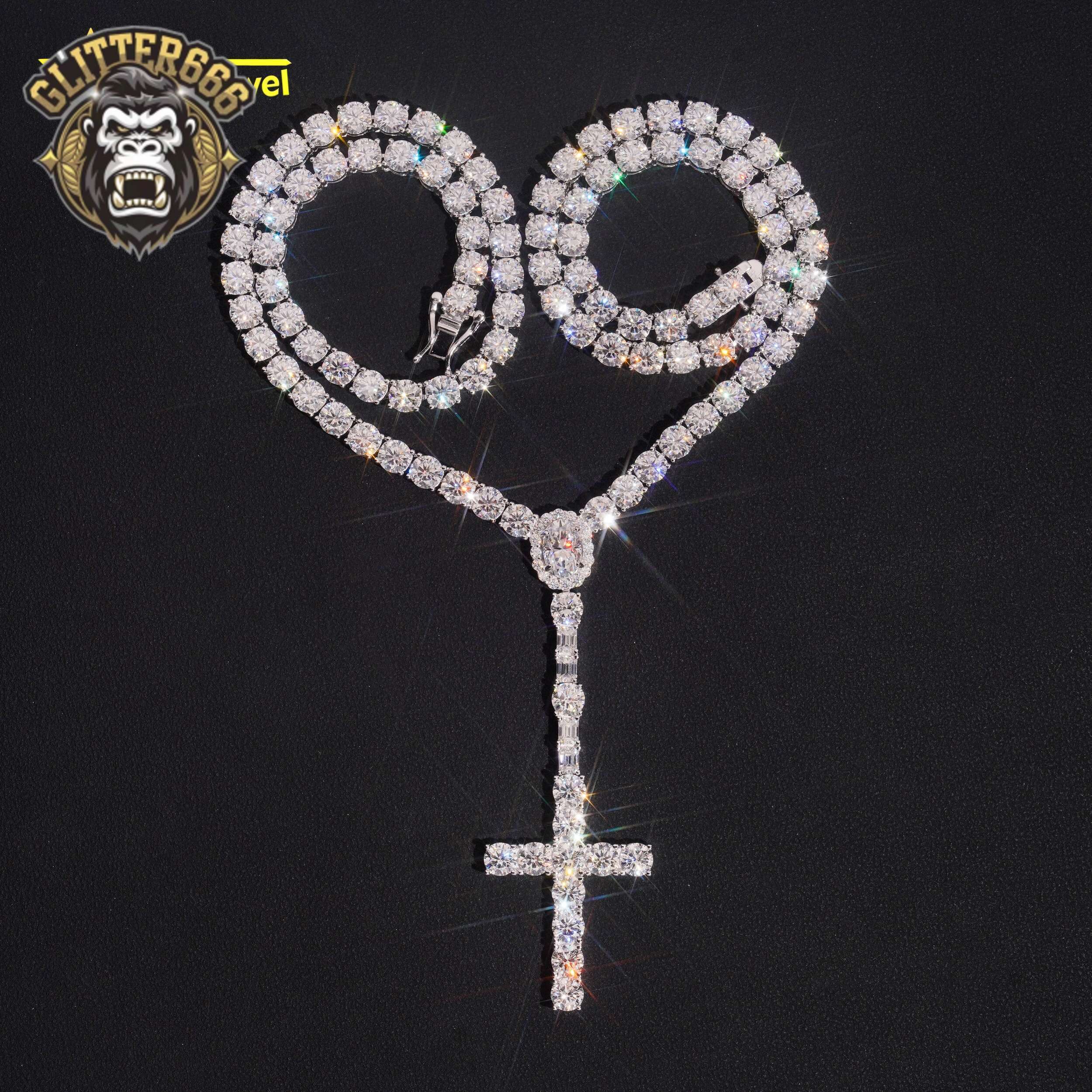 New Stock Fine Jewelry 925 Sterling Silver Fashion Necklaces 5MM Diamond Iced Out Moissanite Tennis Chain Cross Tennis Necklace