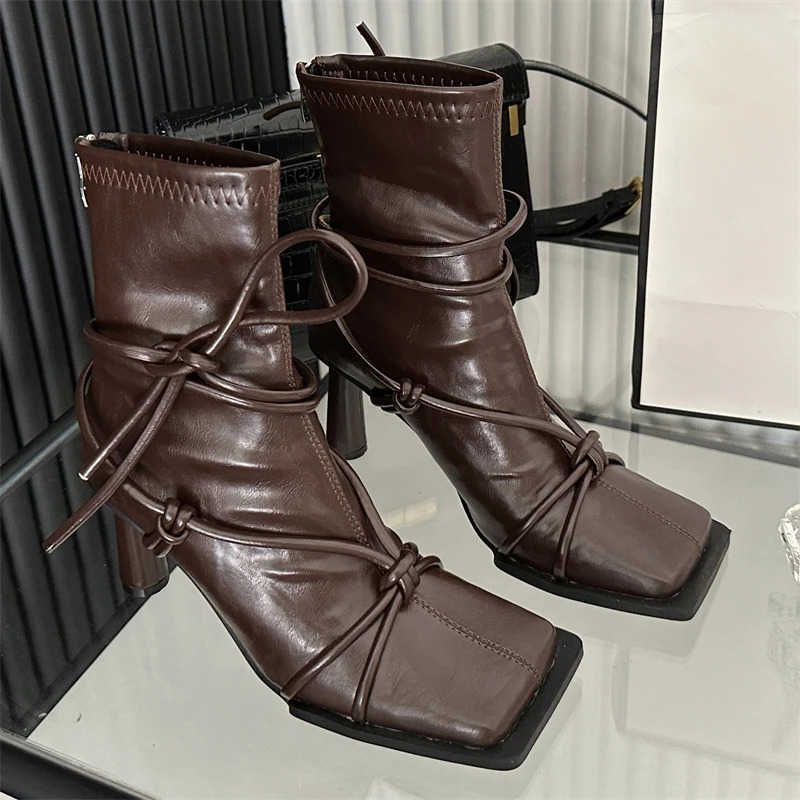 Eilyken Designer Cross Lace-up Women Ankle Boots fa1 Square Toe High Heels Zipper Ladies Shoes Spring Autumn Zapatos Mujer D260917