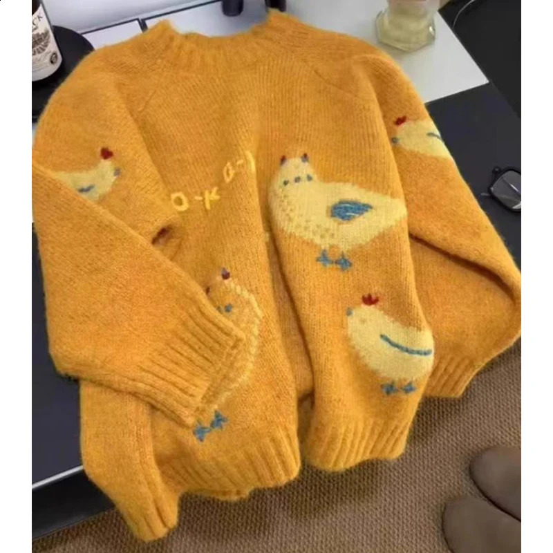 Cute Animal Print Women Knit Sweater Crew Neck Yellow Pullover Vintage Oversized Y2K Cozy Cottagecore Letter Embroidery Top 260917