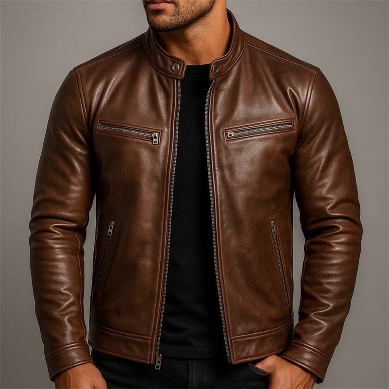 Mens Stand Collar Slim Fit PU Leather Motorcycle Jacket Punk Style Pilot Casual European Fashion Outerwear y260902