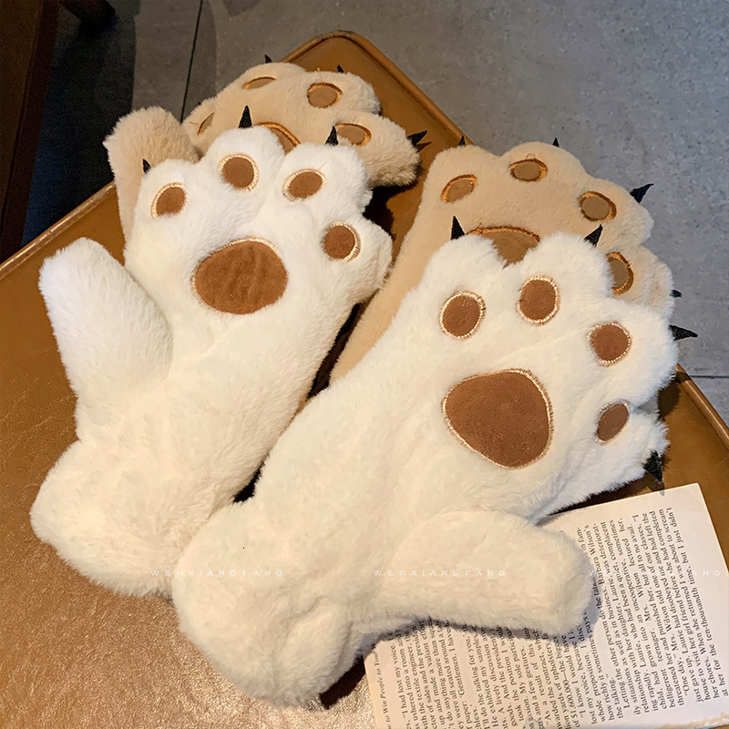 Winter Furry Thickened Warm Cute Neck Hanging Cycling Cold-Proof Bear Paw Plush Gloves for Women