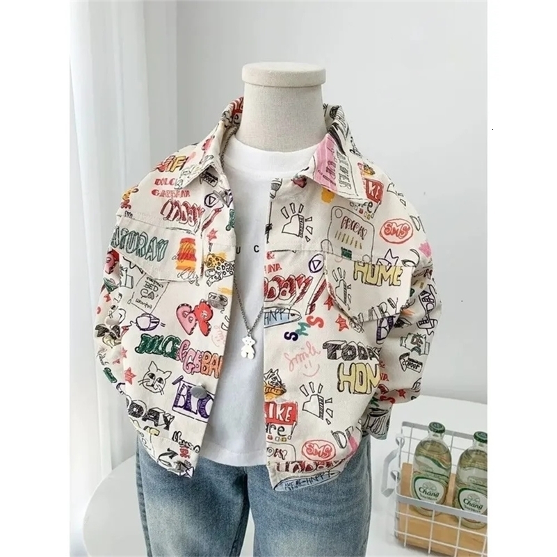 2-9Yrs Children's Denim Jacket 2026 Spring Autumn Pure Cotton Girl Boys' Graffiti Casual Coat Single Breasted Top Outwear 260902