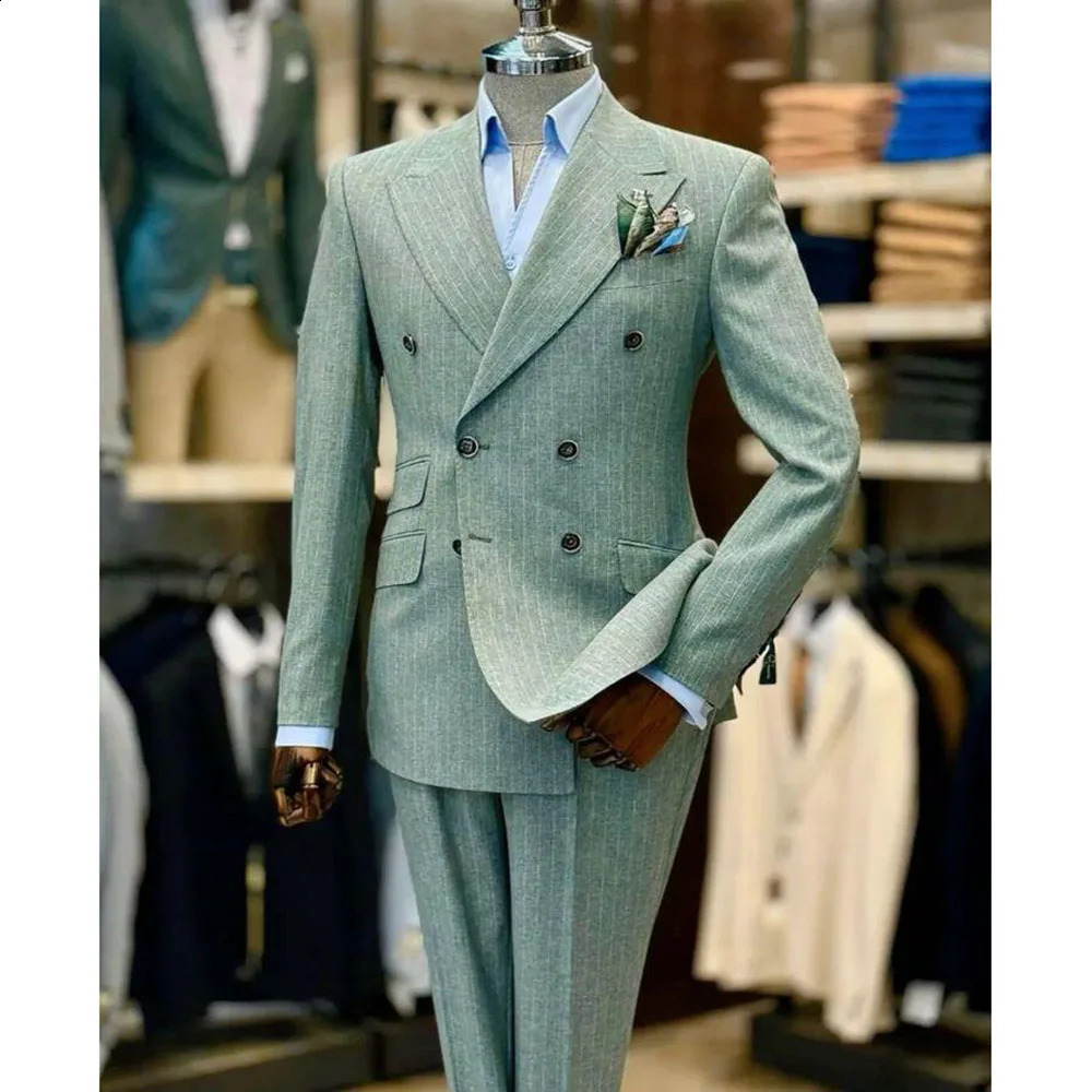 Green Stripe Men Suits High Quality Formal Occasion Double Breasted Special Custome peaks Lapel Male Clothing Fashion 260916