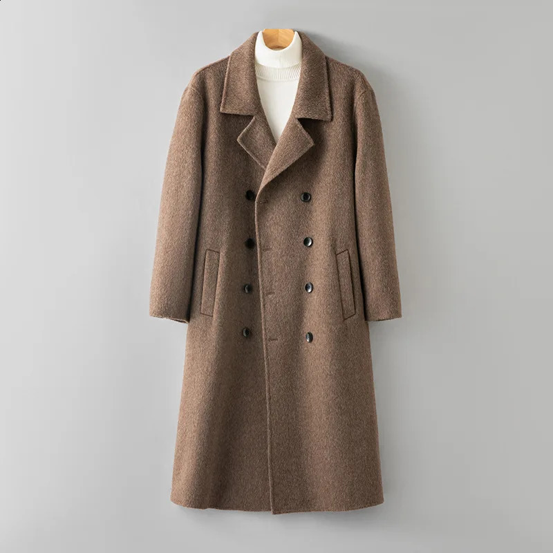 100% Wool Long Tweed Coat For Men Autumn Winter V-neck Double Breasted Wollen Jacket French Casual Fashion Male Warm Overcoat 260916