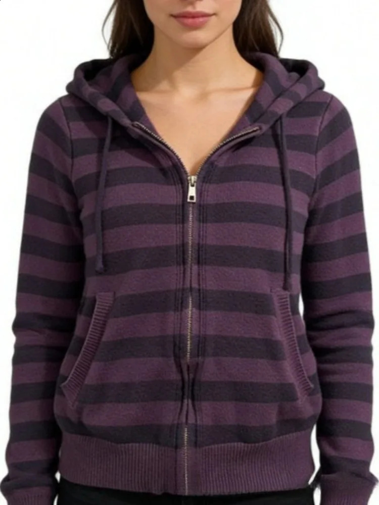 Vintage American Striped Hooded Casual Loose All Match Zipper Long Sleeve Hoodies 260917