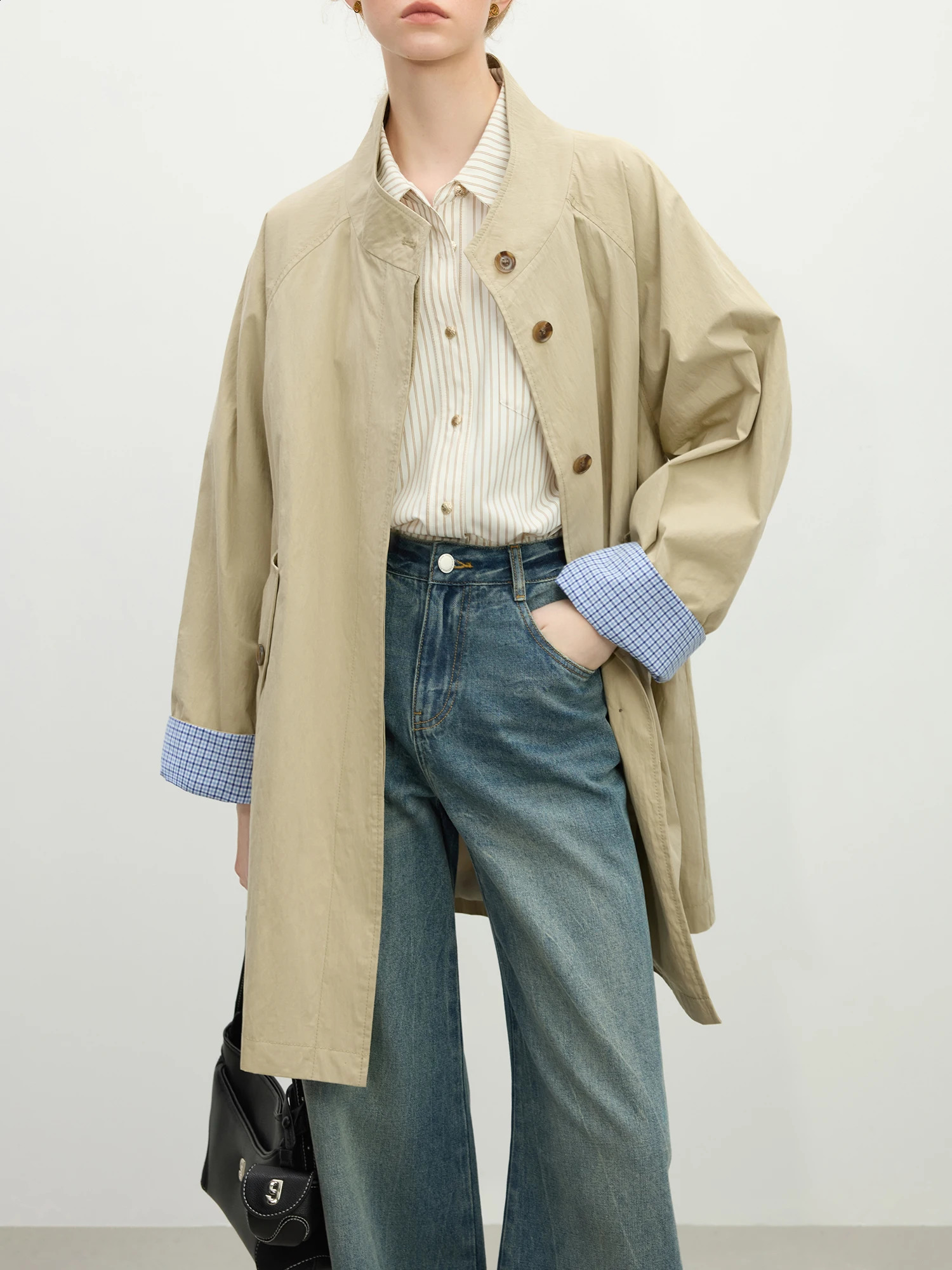 FSLE Loose Khaki Trench Coat for Women 2025 Spring n Stand Collar Allmatch Casual Female Long Jacket 25FS11169 260917