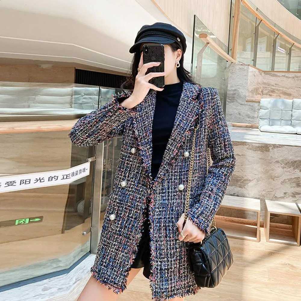 New Spring Autumn Style 2023 Small Fragrance Wind Temperament Plaid Tweed Jacket Women Mid-length All-match Woolen Fashion Coat C260917