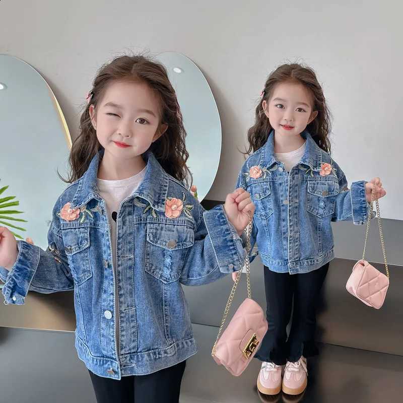 Fashion Flower New Spring Autumn Denim Girls Coat 2-12 Years Full Sleeve Lapel Outdoor Windbreaker For Kids Birthday PresentT260916