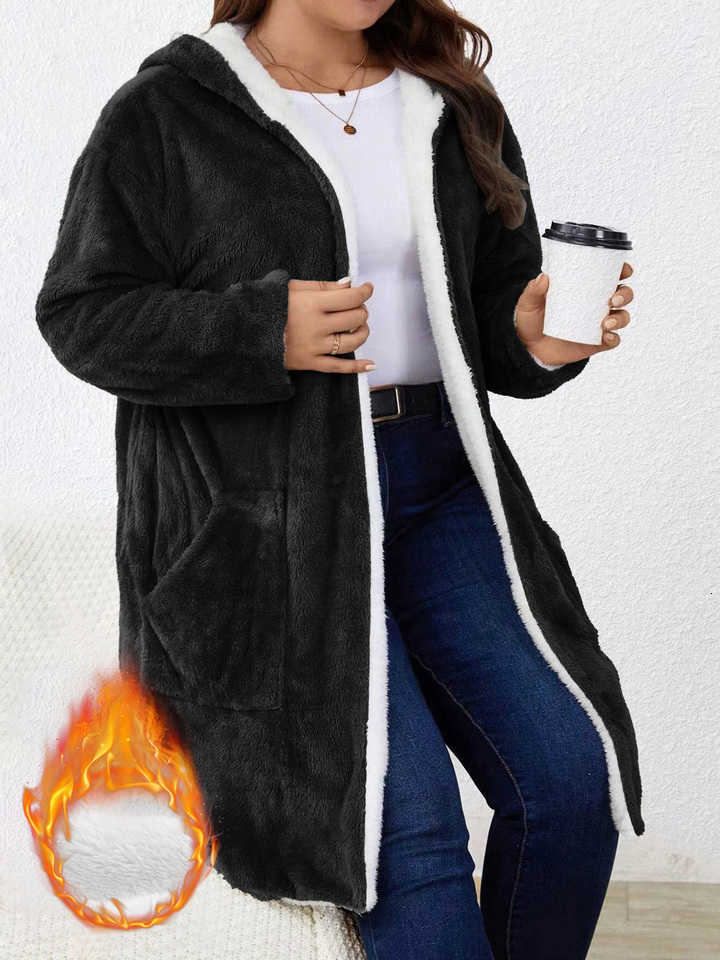 Hooded Women Lined Fuzzy Fleece Long Open Cardigan Warm Sherpa Trim Mid Length Coat With Side Pockets Loose Winter Outerwear H260917