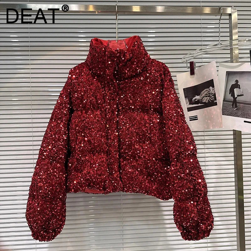 DEAT Winter Fashion Heavy Industry Colorful Sequin Stand Collar Warm Jacket For Women Cotton-padded Coat 11A07258260917