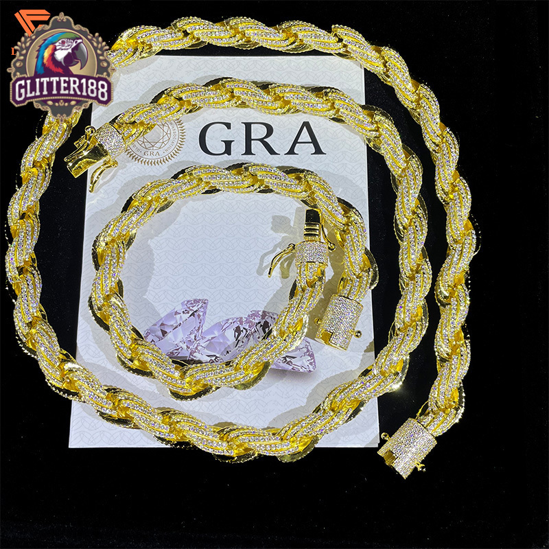 Fine Jewelry 925 Silver Gold Plated 10MM Rope Chain Hip Hop Moissanite Men Chain Necklace Pass Diamond Tester