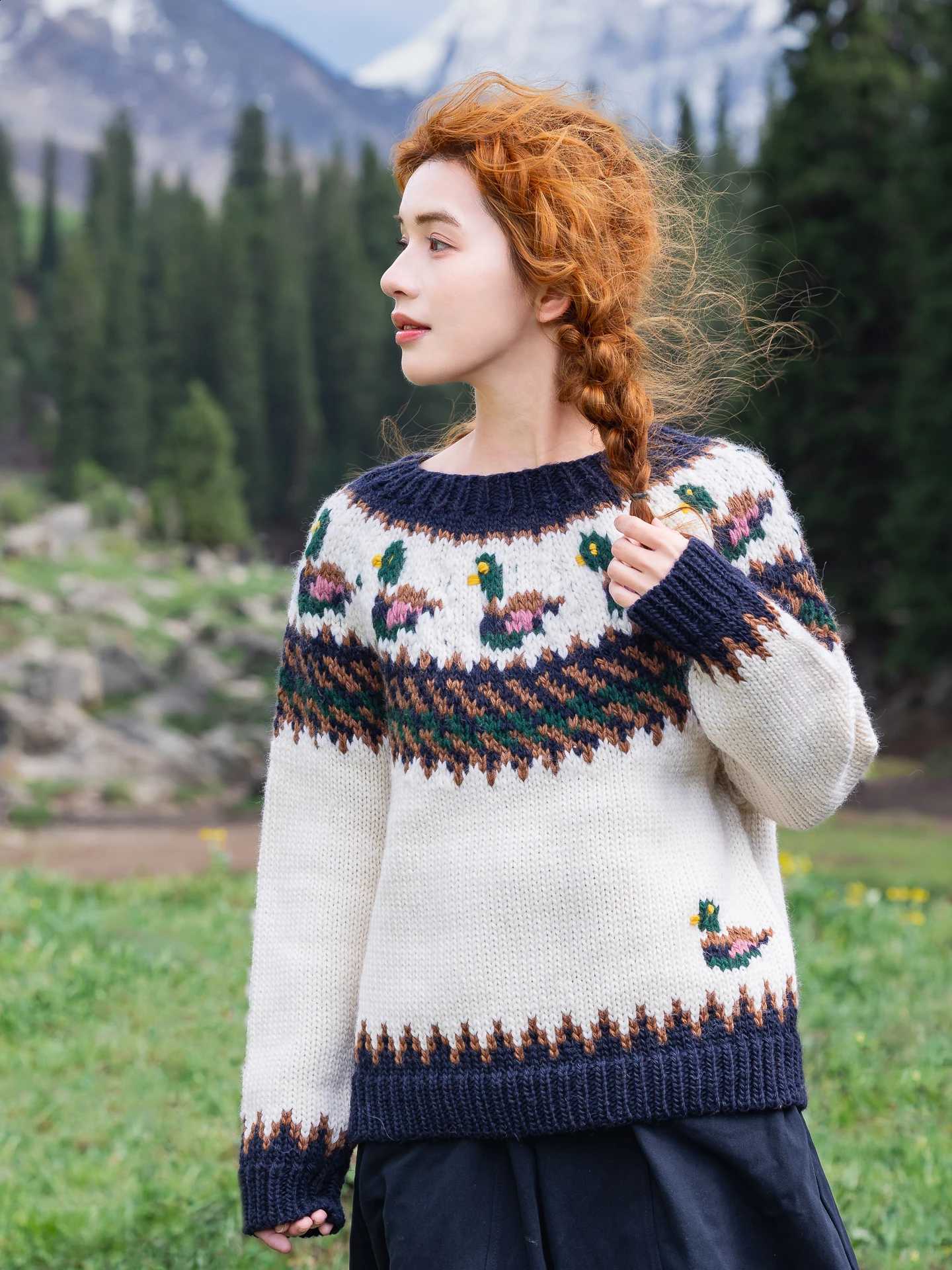FallWinter Pullovers Sweaters 102cmBust Women Vintage Fair Nordic Handmade Mandarin Ducks Loose 100%Wool Knitted Sweaters J260916