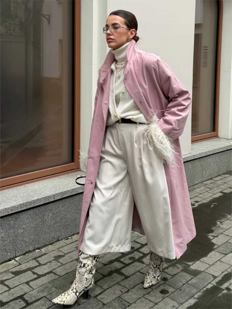 Cut Ladies' Standing Collar Straight Long Windbreaker Feather Cuff Single Breasted Loose Autumn Winter Street Outerwears D2609091