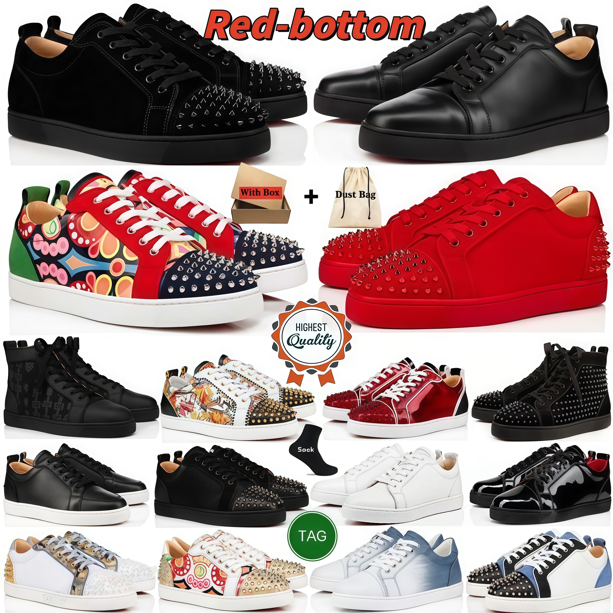 top quality designer shoes dress shoes red bottom shoes glitter grey rivets leather suede men women sneakers fashion spikes classic office Trainers