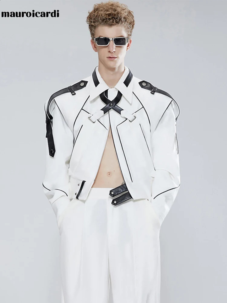 Mauroicardi Spring Autumn Short Patchwork Leather Jackets for Men Long Sleeve Runway Cool Clothes Fashion 260917