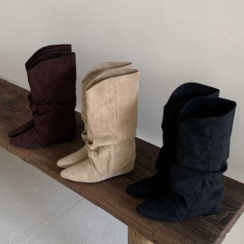 Women Pleated Winter Mordern Vintage High Boots Designer SlipPointed Toe Internal Elevation Shoes Botas De Mujer D260917