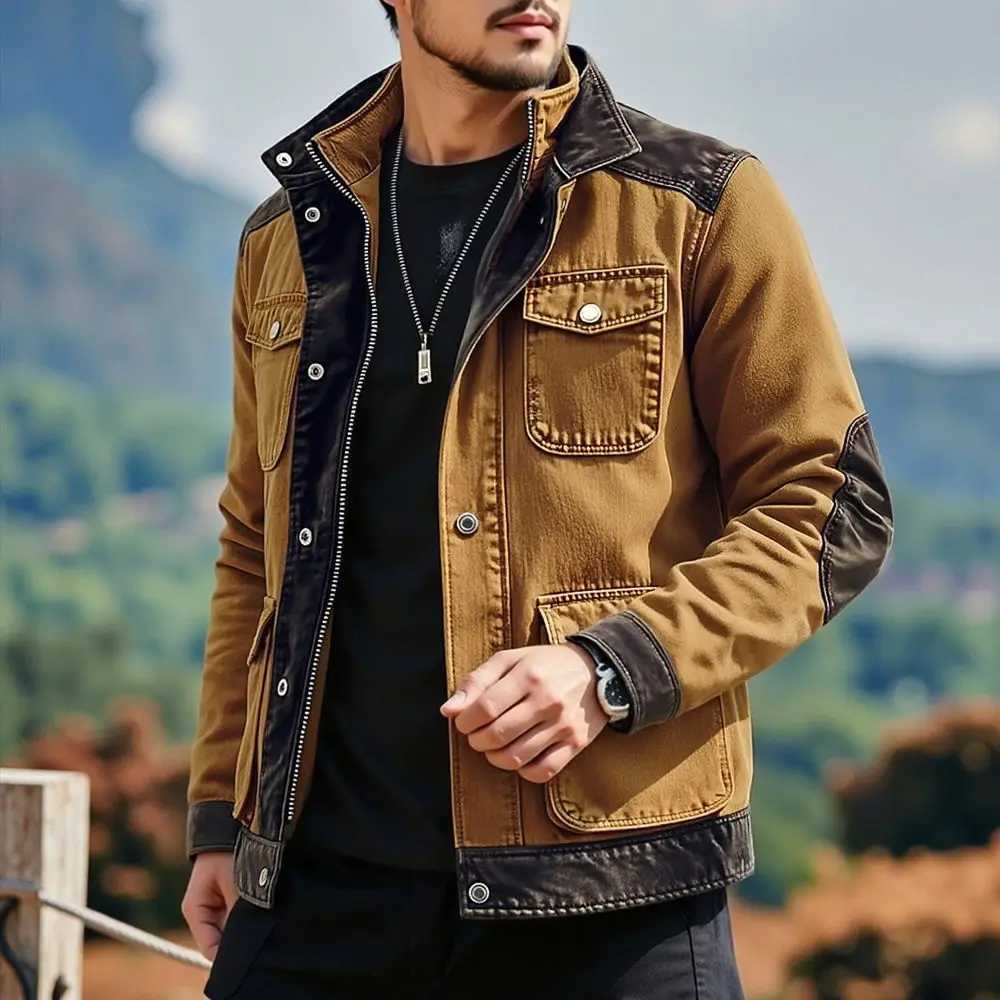 Spring Autumn Men's Vintage Style Denim Jackets Trend Patchwork Multi Pocket Casual Outwear Coat Male American Retro Chic Jacket S2609174N6K