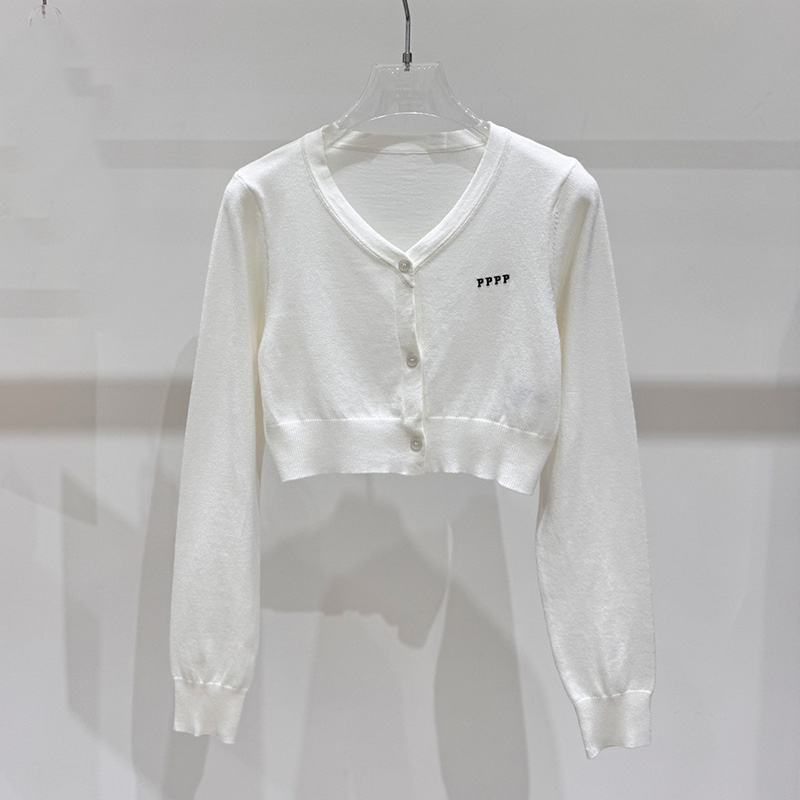 Sexy Cropped Sweater Cardigan Women Designer Embroidered White V Neck Button Knit Shirt Luxury Brand Street Trend Versatile Cardigan