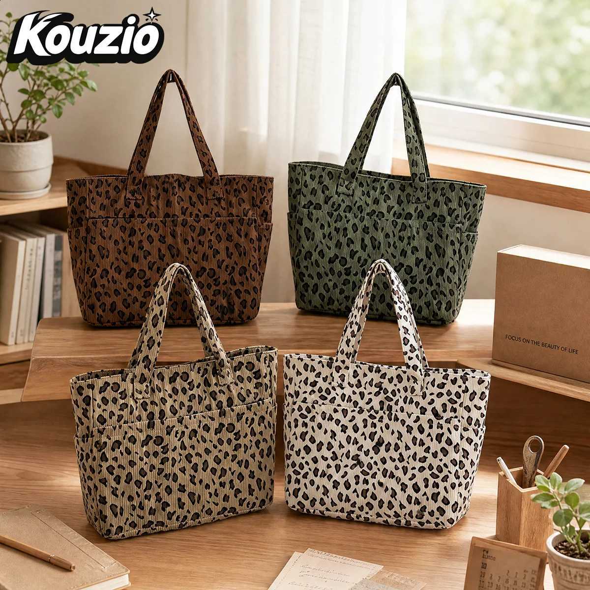 Women Leopard Print Corduroy Tote Bag Double Front Pockets Large Capacity Shoulder Handbag for Work Shopping Travel Daily Use H260916