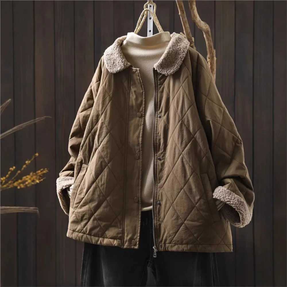 Johnature Women Vintage Patchwork Autumn Parkas Button Zipper Solid Color Coats Long Sleeve 2025 New Warm Casual Soft Parkas H260917