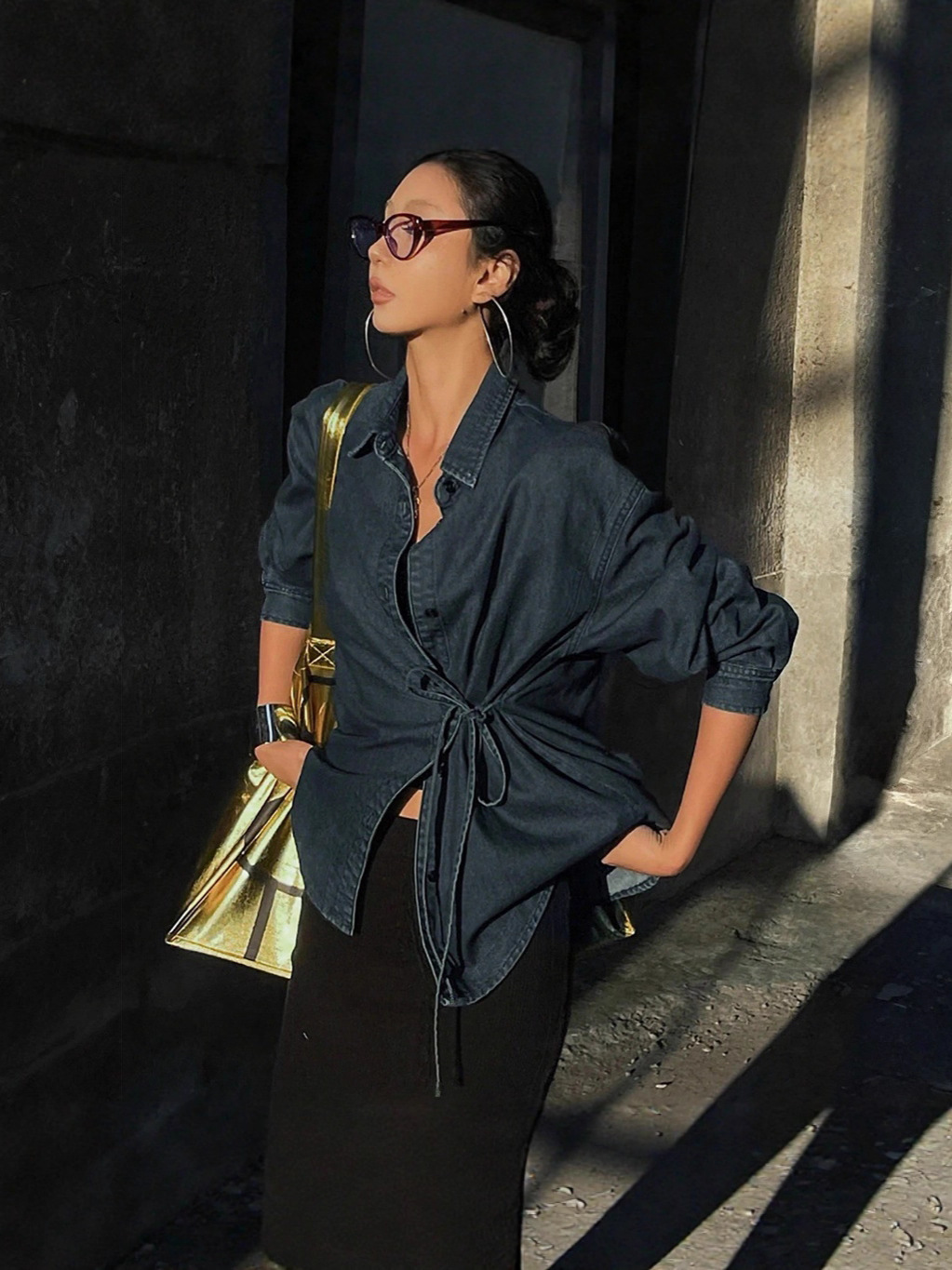 Cross-border e-commerce, European size women's clothing, long-sleeved top with front tie and button closure, casual denim jacket f3