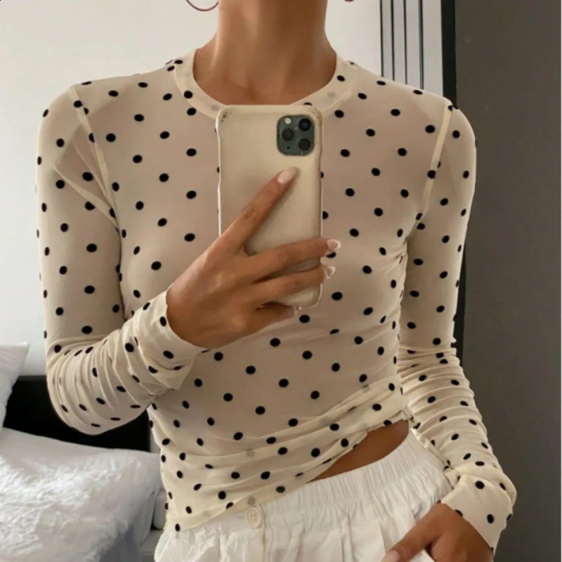Spring Autumn Polka Dot Top Womens Long Sleeves Mesh See Through Apricot Blouse Y2K Dating Night Going Out Sexy Clothes 260917