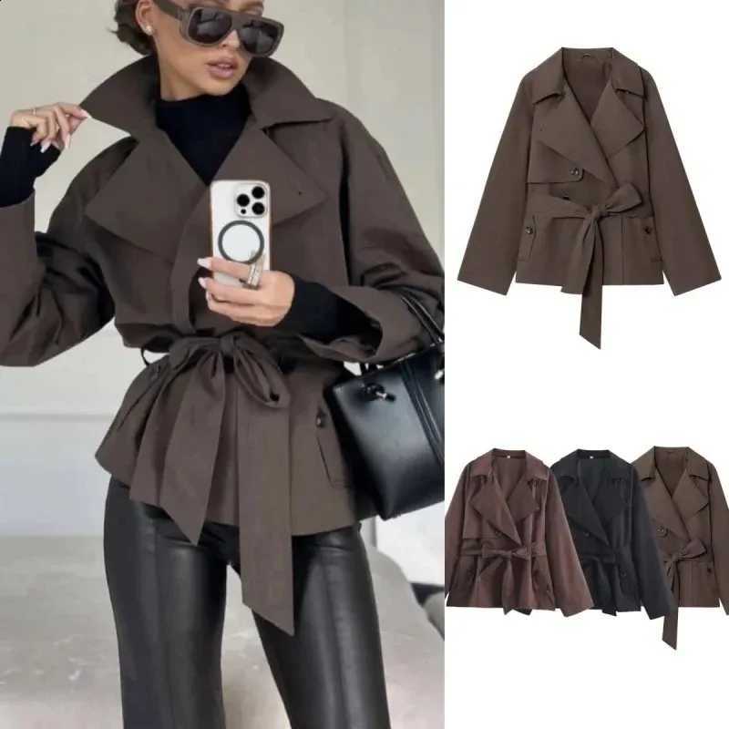 Belt Trench V-neck Coat Women Lace Up Full Sleeve Button Short Thin Windbreak 2026 Lady New Fashion Daily Street Outerwear C260917