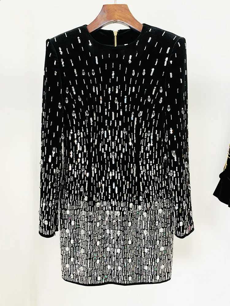 2026 Newest Fashion Designer Sleeve Luxurious Women's Long Sequined Crystal Beaded Velvet Mini Dress C260917