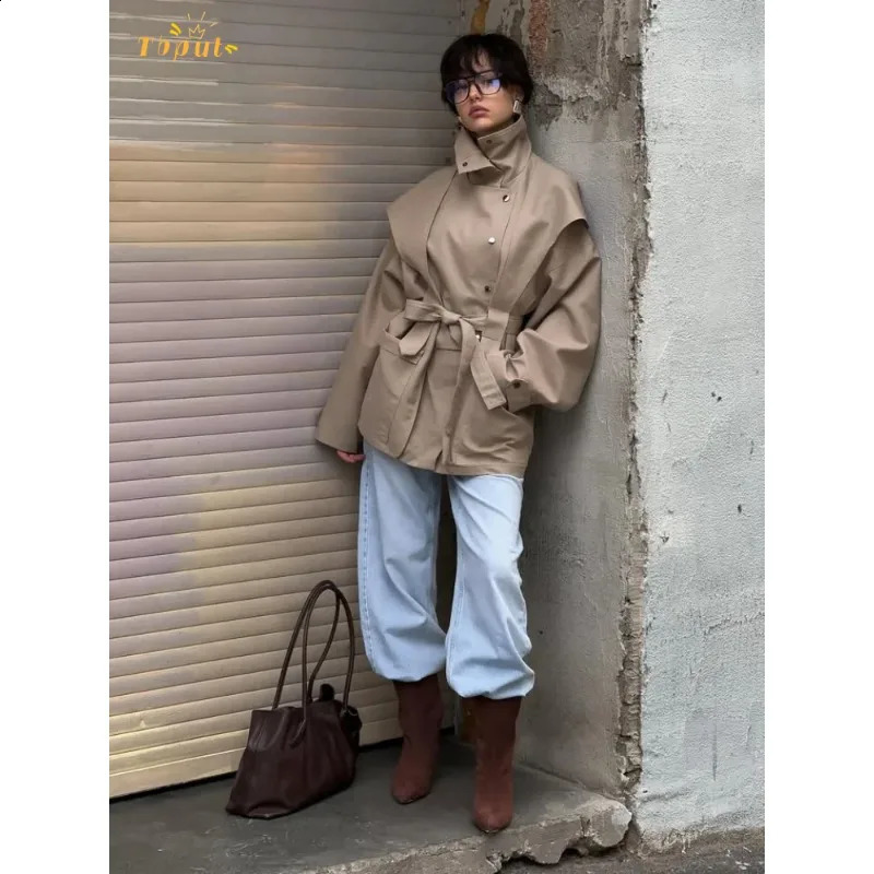 Lace Up Stand Collar Trench Coat Women Chic Lapel Single Breasted Waist Cinching Lady Autumn Commute Street Coats 260916