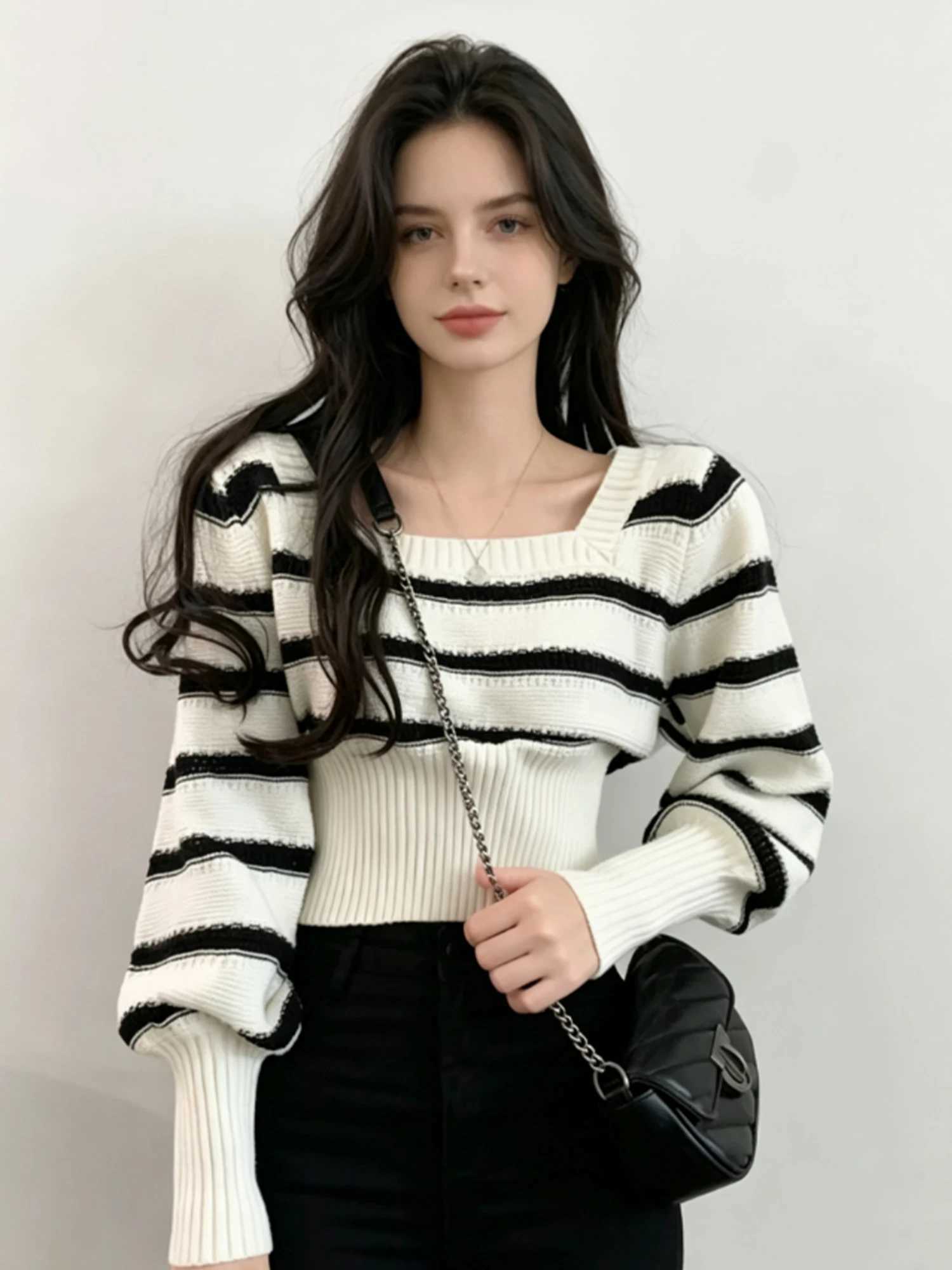 Women White Striped Square Collar Sweater Knit Top Y2k Gyaru Korean Loose Cropped Pullover Sweater for Women Autumn Winter 2026 S2609171SNK