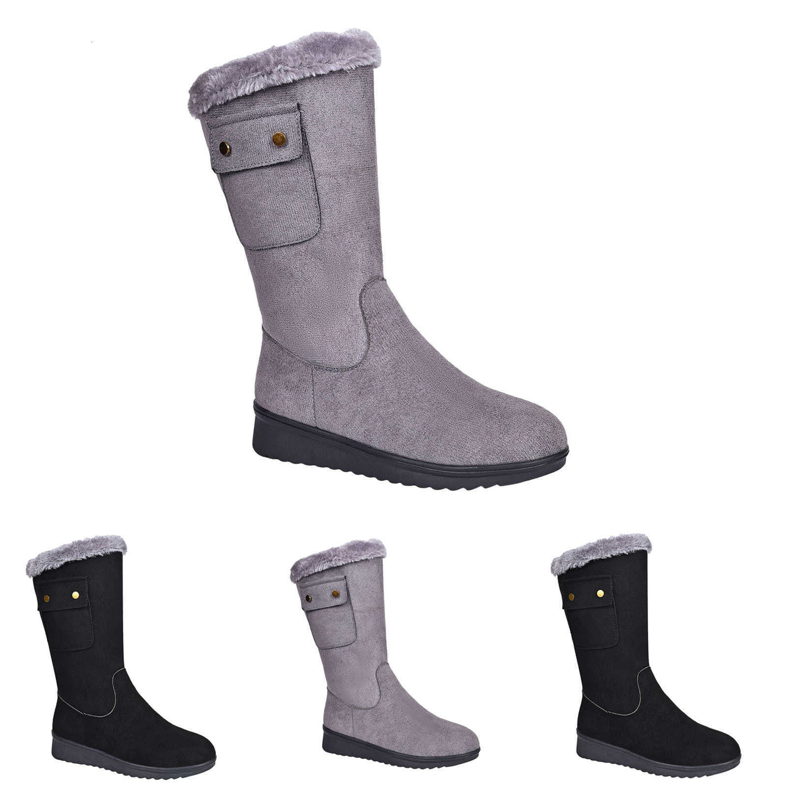 Warm Fleece Lined Women's Winter Mid Calf Boots Side Pocket Decoration Thick High Boots for Women Wide Calf over Knee D260917