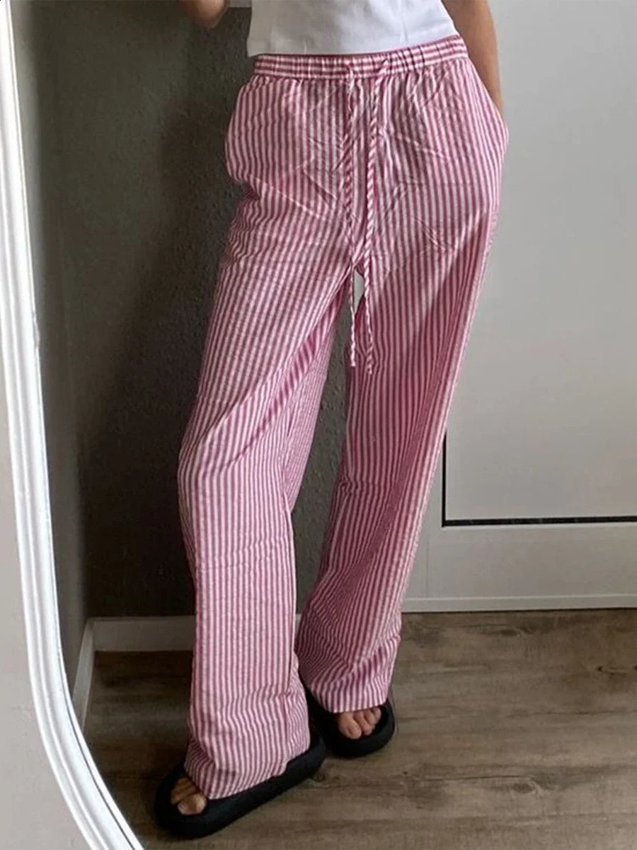 Womens Casual Striped Print Pants Drawstring Elastic Waist Loose Straight with Pockets Sleep Bottoms Korean Home Wears 260917