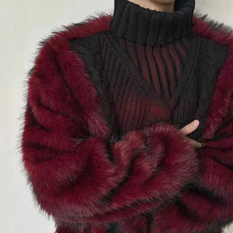Spliced Thicken Warm Fashion Turtleneck Fur Sweater Man New Autumn Winter Vintage Loose Cable-kint Furry Turtleneck Pullover Top W260915