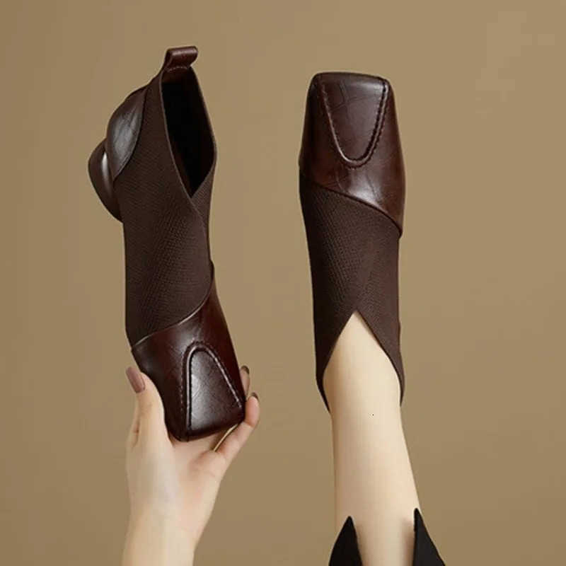 Spring and Autumn Square Women's Toe Block Heel Ankle Boots fashion Spliced Rear Zipper Soft Sole Stretch Boots D260917