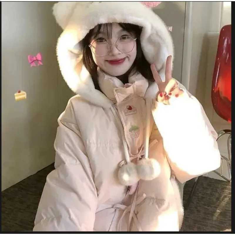 Japanese Style Cute Cartoon Parkas Women THiCK Students Down Coat Sweet Hooded Parka Pink Fur Collar Outerwears 2025 Winter H260917