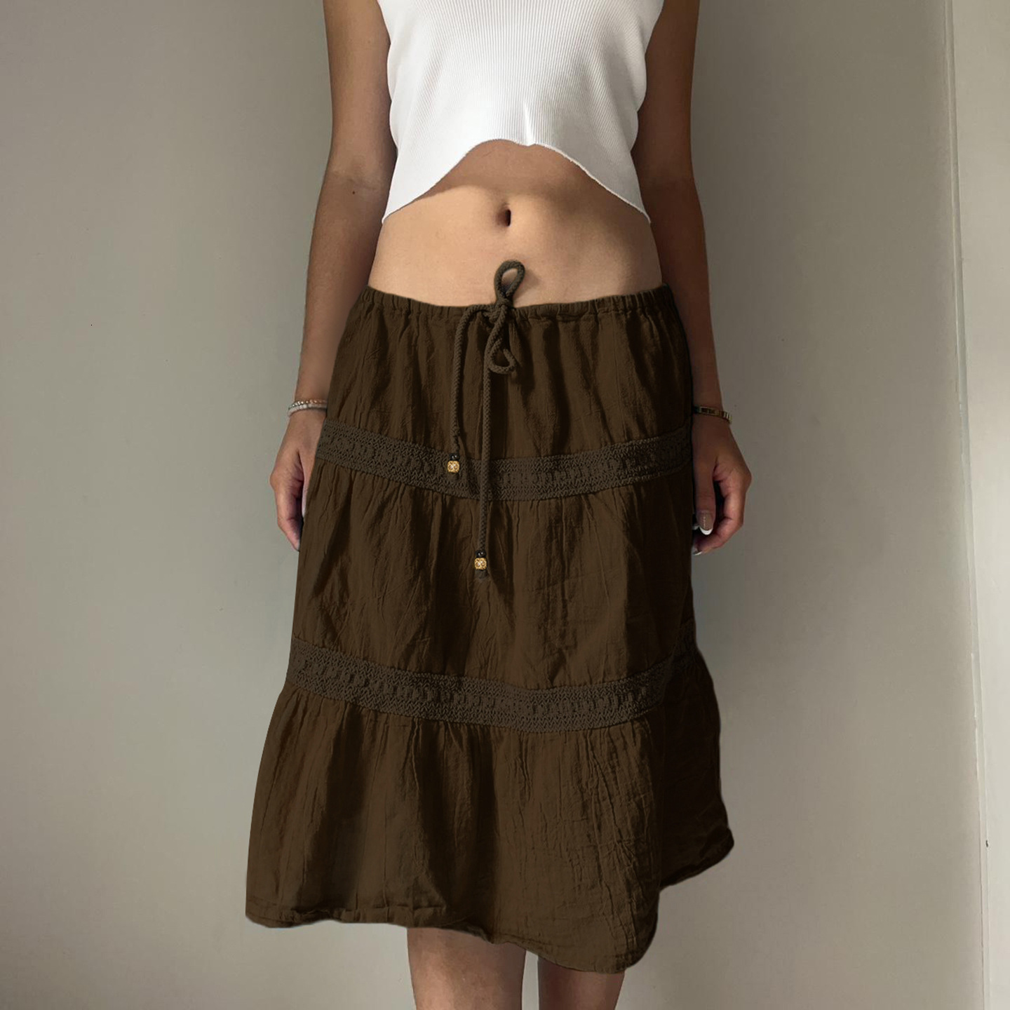 American retro-style solid-color lace beaded tie-waist woven midi skirt for women, loose and casual, versatile 34